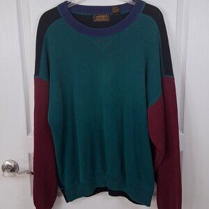 Vintage Eddie Bauer Sweater Men's XL Colorblock Teal Burgundy Black Crewneck 90s